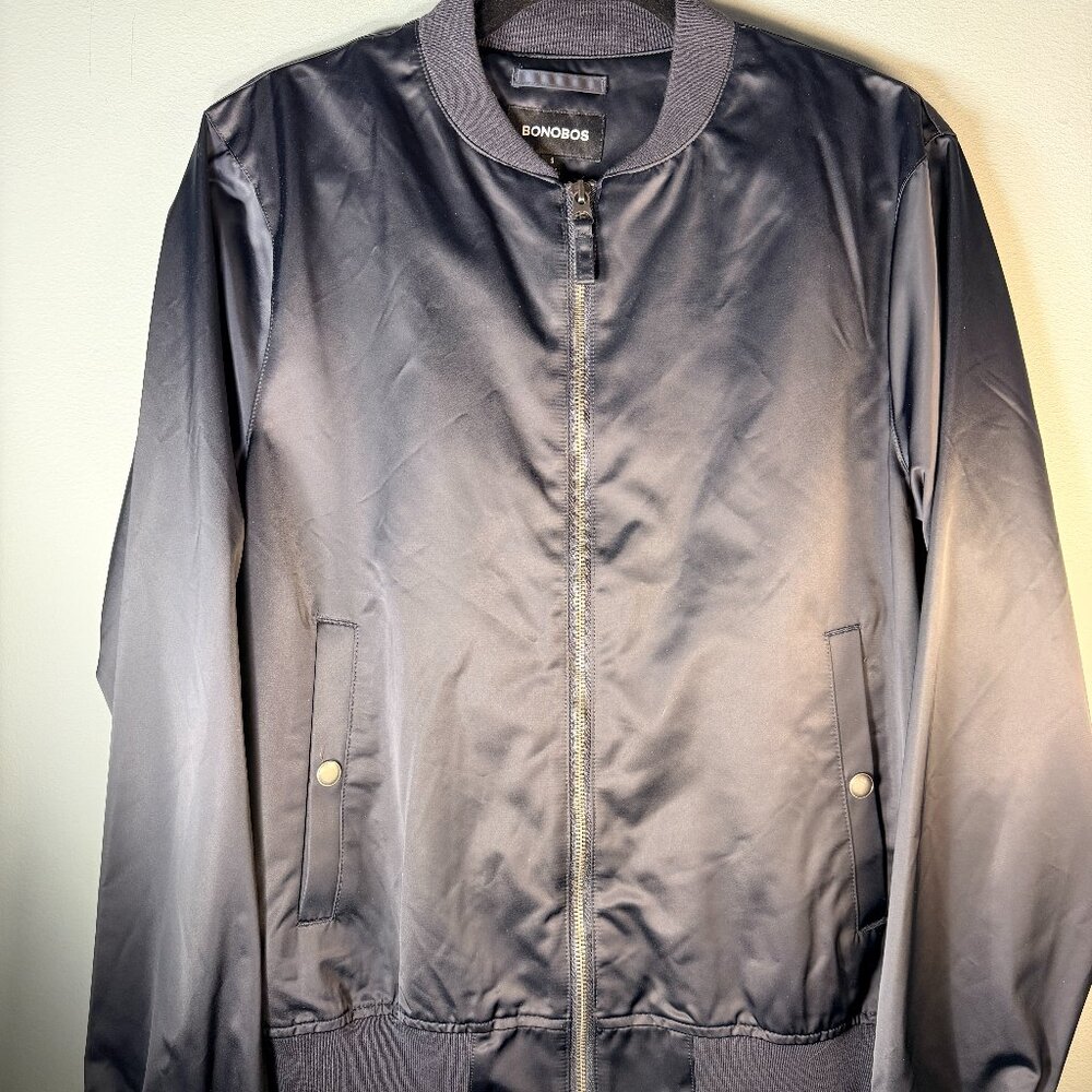 Bonobos unisex Navy Satin  Bomber Jacket – Size Small/Med